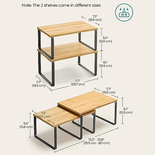 Cabinet Organizer Shelf, Set of 2 Kitchen Counter Shelves, Kitchen Storage, Spice Rack, Stackable, Expandable, Metal and Engineered Wood, Black and Natural (Black & Natural)