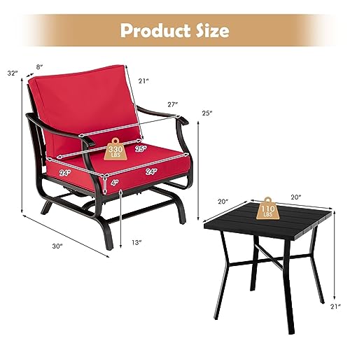 TKFDC 3PCS Patio Rocking Bistro Set Cushioned Chair Armrest Side Table Red