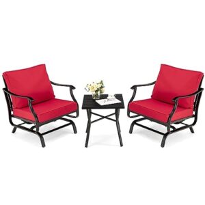 tkfdc 3pcs patio rocking bistro set cushioned chair armrest side table red