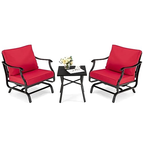 TKFDC 3PCS Patio Rocking Bistro Set Cushioned Chair Armrest Side Table Red