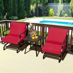 TKFDC 3PCS Patio Rocking Bistro Set Cushioned Chair Armrest Side Table Red