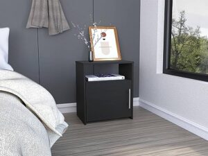 epinki nightstand, one shelf, single door cabinet, metal handle -black, wood, bedside table for bedroom