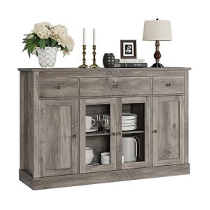 hostack sideboard buffet cabinet with storage, 55" large kitchen buffet storage cabinet with drawers | glass doors, modern farmhouse coffee bar cabinet, wood buffet table dining room cabinet, ash grey