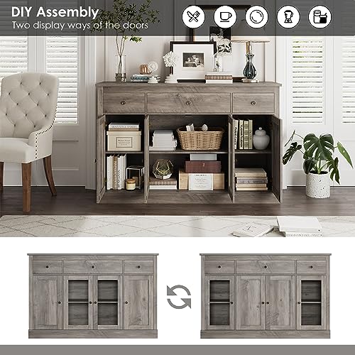 HOSTACK Sideboard Buffet Cabinet with Storage, 55" Large Kitchen Buffet Storage Cabinet with Drawers | Glass Doors, Modern Farmhouse Coffee Bar Cabinet, Wood Buffet Table Dining Room Cabinet, Ash Grey