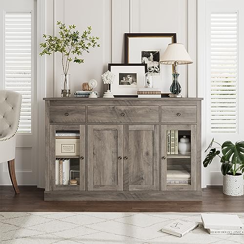 HOSTACK Sideboard Buffet Cabinet with Storage, 55" Large Kitchen Buffet Storage Cabinet with Drawers | Glass Doors, Modern Farmhouse Coffee Bar Cabinet, Wood Buffet Table Dining Room Cabinet, Ash Grey