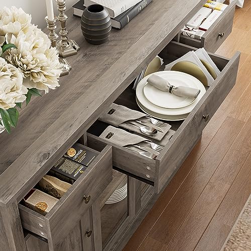 HOSTACK Sideboard Buffet Cabinet with Storage, 55" Large Kitchen Buffet Storage Cabinet with Drawers | Glass Doors, Modern Farmhouse Coffee Bar Cabinet, Wood Buffet Table Dining Room Cabinet, Ash Grey