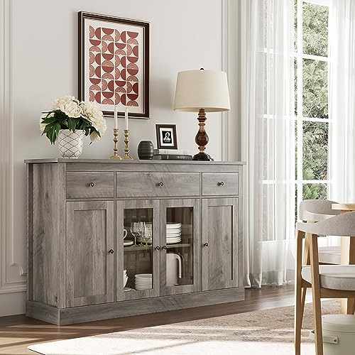 HOSTACK Sideboard Buffet Cabinet with Storage, 55" Large Kitchen Buffet Storage Cabinet with Drawers | Glass Doors, Modern Farmhouse Coffee Bar Cabinet, Wood Buffet Table Dining Room Cabinet, Ash Grey