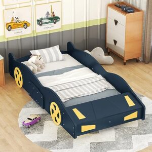 nigwedete twin size race car-shaped platform bed with wheels, wood platform bed frame with storage space, children car-shape beds for bedroom, dark blue+yellow