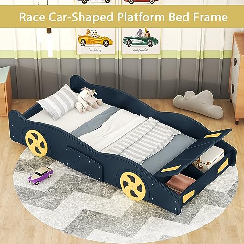Nigwedete Twin Size Race Car-Shaped Platform Bed with Wheels, Wood Platform Bed Frame with Storage Space, Children Car-Shape Beds for Bedroom, Dark Blue+Yellow