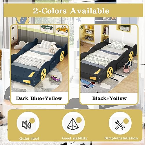 Nigwedete Twin Size Race Car-Shaped Platform Bed with Wheels, Wood Platform Bed Frame with Storage Space, Children Car-Shape Beds for Bedroom, Dark Blue+Yellow