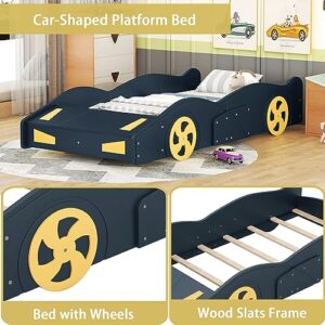 Nigwedete Twin Size Race Car-Shaped Platform Bed with Wheels, Wood Platform Bed Frame with Storage Space, Children Car-Shape Beds for Bedroom, Dark Blue+Yellow