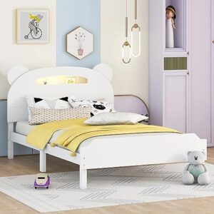 twin size platform bed with bear-shaped headboard, wood frame bed with motion activated night lights, children beds for bedrooms, white