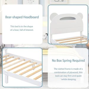 Twin Size Platform Bed with Bear-Shaped Headboard, Wood Frame Bed with Motion Activated Night Lights, Children Beds for Bedrooms, White