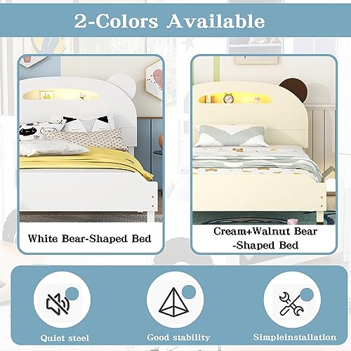 Twin Size Platform Bed with Bear-Shaped Headboard, Wood Frame Bed with Motion Activated Night Lights, Children Beds for Bedrooms, White