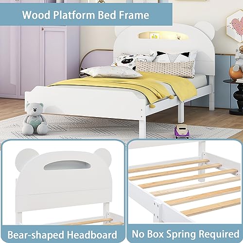 Twin Size Platform Bed with Bear-Shaped Headboard, Wood Frame Bed with Motion Activated Night Lights, Children Beds for Bedrooms, White