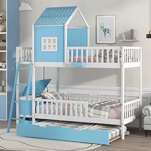 Goohome Twin Over Twin Bunk Beds with Stairs & Trundle,Wood Bunk Bedframe with Storage Cabinet and Drawer, High Length Guardrail, Built-in Slat, No-Noise, for Kids Teens Adults