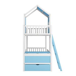 Goohome Twin Over Twin Bunk Beds with Stairs & Trundle,Wood Bunk Bedframe with Storage Cabinet and Drawer, High Length Guardrail, Built-in Slat, No-Noise, for Kids Teens Adults