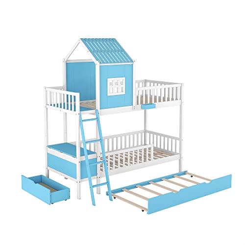 Goohome Twin Over Twin Bunk Beds with Stairs & Trundle,Wood Bunk Bedframe with Storage Cabinet and Drawer, High Length Guardrail, Built-in Slat, No-Noise, for Kids Teens Adults