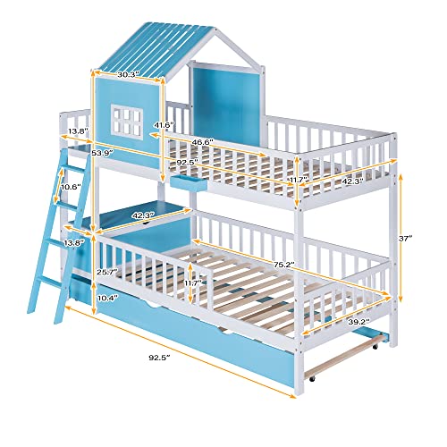 Goohome Twin Over Twin Bunk Beds with Stairs & Trundle,Wood Bunk Bedframe with Storage Cabinet and Drawer, High Length Guardrail, Built-in Slat, No-Noise, for Kids Teens Adults