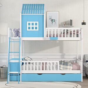 Goohome Twin Over Twin Bunk Beds with Stairs & Trundle,Wood Bunk Bedframe with Storage Cabinet and Drawer, High Length Guardrail, Built-in Slat, No-Noise, for Kids Teens Adults