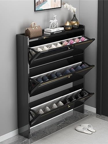 Shoe Cabinet with Doors, Shoe Storage Cabinet with 3 Flip Drawers for Entryway, Wood Narrow Shoe Rack, Tall Shoe Shelf for Living Room Porch Hallway, Black