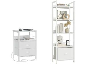 furologee end table and bookshelf, nightstand with charging station, tall narrow bookcase with shelves, side table with storage shelf & hooks, for living room/bedroom