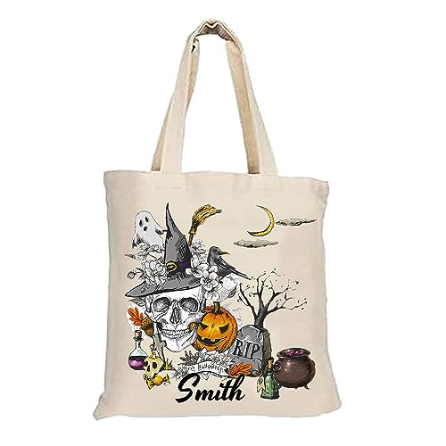 Personalized Halloween Tote Bag with Name or Text 14 * 12 Inch Custom Pumpkin Witch Black Cat Castle Skeleton Ghost Canvas Tote Bag for Candy Gifts-06