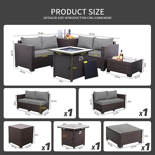 WAROOM 5 Pieces Patio Furniture Set PE Wicker Outdoor Brown Rattan Sectional Sofa Loveseat Couch Conversation Chair with Storage Bin Coffee Table and Propane Fire Pit, Anti-Slip Grey Cushion