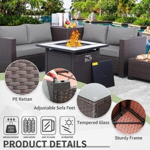 WAROOM 5 Pieces Patio Furniture Set PE Wicker Outdoor Brown Rattan Sectional Sofa Loveseat Couch Conversation Chair with Storage Bin Coffee Table and Propane Fire Pit, Anti-Slip Grey Cushion