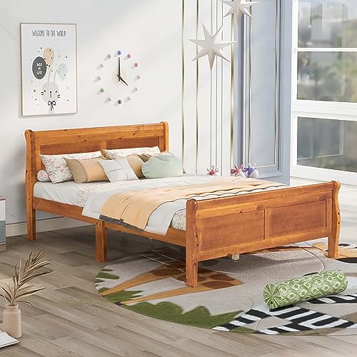 Full Size Wood Platform Bed Frame with Headboard and Footboard, Modern Classic Platform Bed with Wood Slats Support & Under Bed Storage for Bedroom Girls, No Box Springs Needed (Full, Oak)