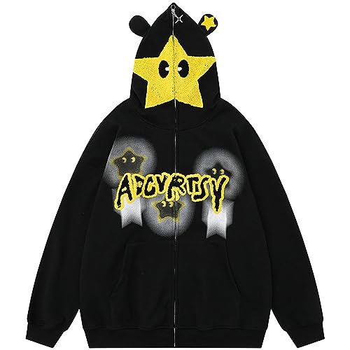 Amiblvowa Full Zip Up Hoodie Y2k Women Men Oversized Long Sleeve Graphic Grunge Sweatshirt Teen Girl Harajuku Pullover Jacket (Black Funny Star, S)