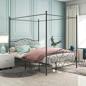 tmeosk queen size metal canopy platform bed frame with european headboard & footboard, sturdy steel under-bed storage space, no box spring needed for boys girls teens adults, four-poster canopied bed