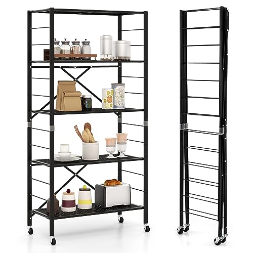 Giantex 5-Tier Folding Bookshelf with Wheels Black, 60" Tall Foldable Metal Shelves for Storage, Freestanding Open Shelving Storage, Easy Assembly Bookcase Display Shelving Rack