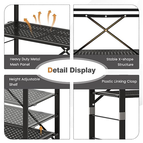 Giantex 5-Tier Folding Bookshelf with Wheels Black, 60" Tall Foldable Metal Shelves for Storage, Freestanding Open Shelving Storage, Easy Assembly Bookcase Display Shelving Rack