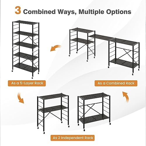 Giantex 5-Tier Folding Bookshelf with Wheels Black, 60" Tall Foldable Metal Shelves for Storage, Freestanding Open Shelving Storage, Easy Assembly Bookcase Display Shelving Rack