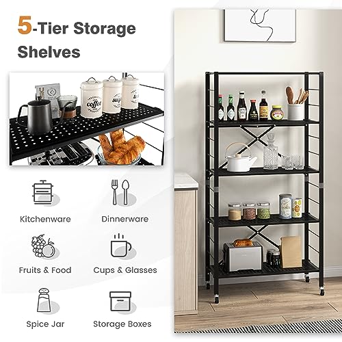 Giantex 5-Tier Folding Bookshelf with Wheels Black, 60" Tall Foldable Metal Shelves for Storage, Freestanding Open Shelving Storage, Easy Assembly Bookcase Display Shelving Rack