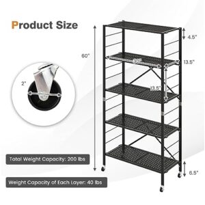 Giantex 5-Tier Folding Bookshelf with Wheels Black, 60" Tall Foldable Metal Shelves for Storage, Freestanding Open Shelving Storage, Easy Assembly Bookcase Display Shelving Rack
