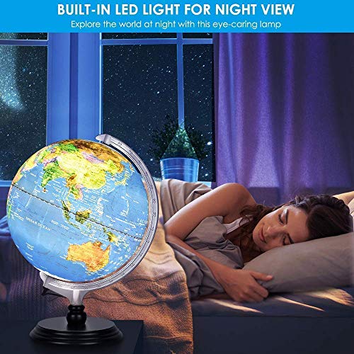 World Globe,Raised Relief Topographical Globe,Built-In LED Light for Night View for Learning Education Teaching Demo Home Office Desk Decoration