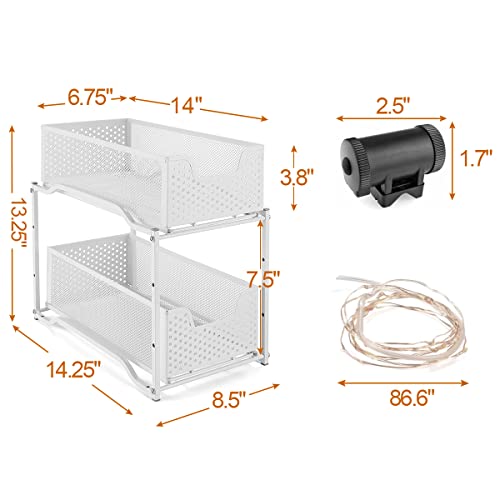 2 Pack Stackable 2-Tier Metal Under Sink Cabinet Organizer with Sliding Storage Drawers with Hooks and LED Strip Lights,White