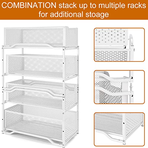 2 Pack Stackable 2-Tier Metal Under Sink Cabinet Organizer with Sliding Storage Drawers with Hooks and LED Strip Lights,White