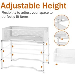 2 Pack Stackable 2-Tier Metal Under Sink Cabinet Organizer with Sliding Storage Drawers with Hooks and LED Strip Lights,White