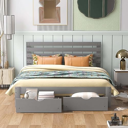 Novaris Queen Size Pine Platform Bed Frame with 2 Storage Drawers, Modern Classic Platform Bed with Headboard/Wood Slats Support/No Box Springs Needed for Bedroom Apartment Girls Boys (Queen, Gray)