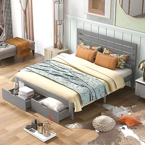 Novaris Queen Size Pine Platform Bed Frame with 2 Storage Drawers, Modern Classic Platform Bed with Headboard/Wood Slats Support/No Box Springs Needed for Bedroom Apartment Girls Boys (Queen, Gray)