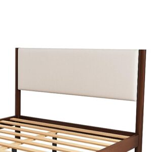 Merax Modern Farmhouse Solid Wood Platform Bed with Upholstered Headboard, Queen Bed Frame/No Box Spring Needed, Rich Walnut