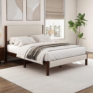 merax modern farmhouse solid wood platform bed with upholstered headboard, queen bed frame/no box spring needed, rich walnut