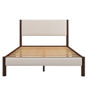 Merax Modern Farmhouse Solid Wood Platform Bed with Upholstered Headboard, Queen Bed Frame/No Box Spring Needed, Rich Walnut