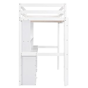 Modern Twin Size Loft Bed with Ladder, Solid Wood Loft Bed Frame with Multi-storage Desk and LED light, Versatility Galore Loft Bed with Full-length Security Fence for Kids Teens Adults, No Box Spring