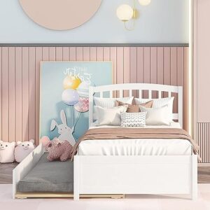 harper & bright designs twin bed frame with trundle, twin bed frame with headboard, wood twin platform bed with pull out trundle for kids, guest room,no box spring needed,white