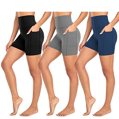 MOREFEEL 3 Pack High Waisted Biker Shorts for Women with Pockets – 5" Super Soft Workout Yoga Athletic Shorts