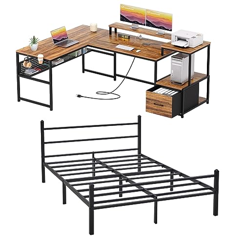 GreenForest Queen Size Bed Frame with Headboard Easy Assemble and 69 inch L Shaped Desk with Drawers and Power Outlet USB Ports